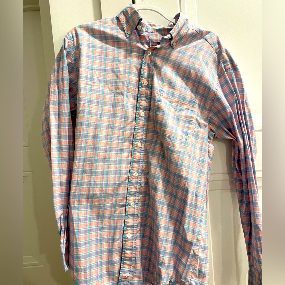 Vineyard Vines pink and blue plaid button down